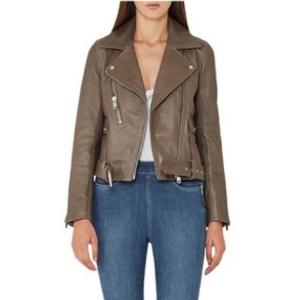 Reiss Kate Leather Biker Taupe Moto Jacket